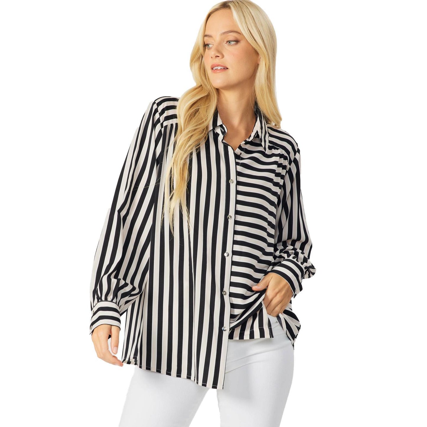 Reba Black & White Striped Button Down Blouse