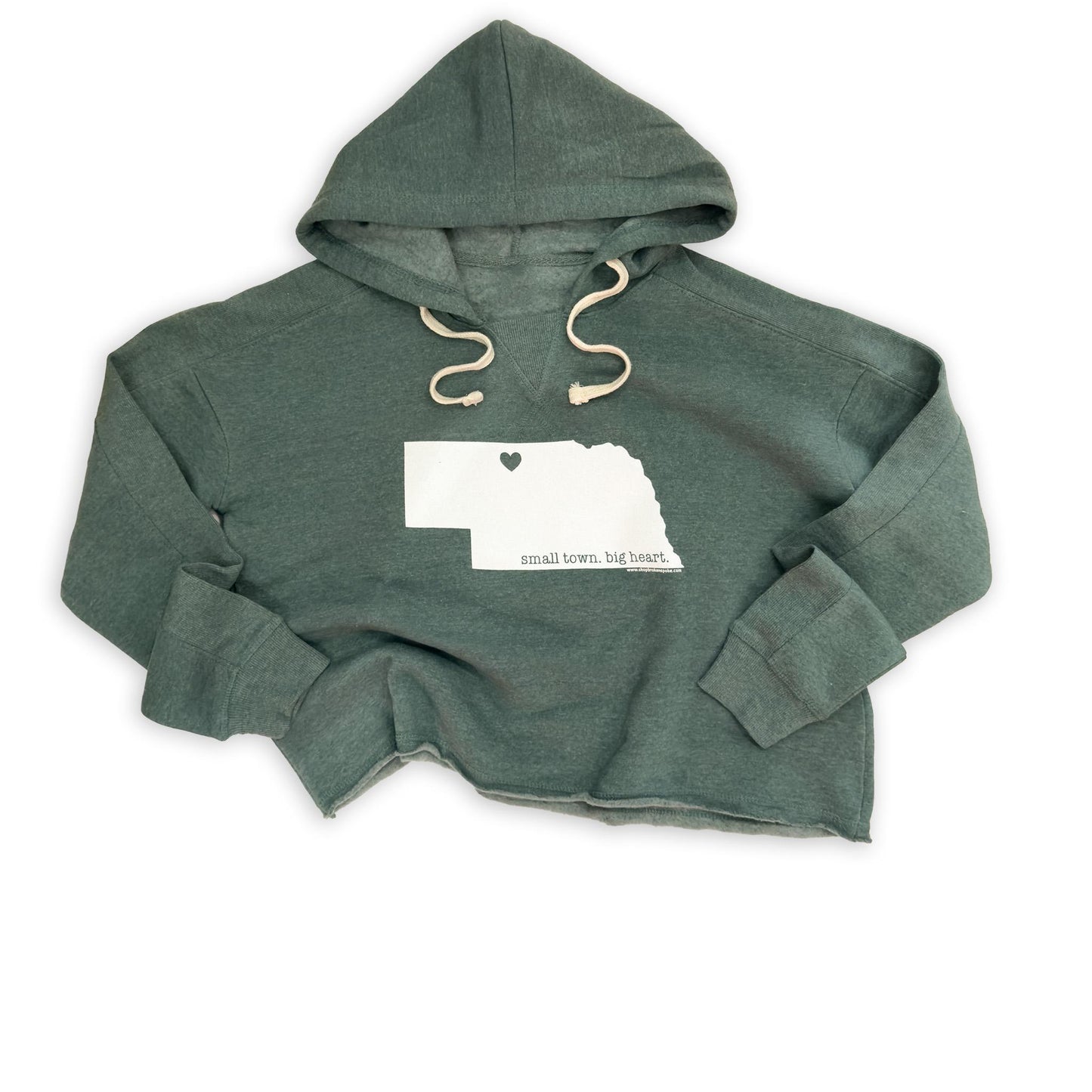 Women's Mallard Green “Small Town. Big Heart.” Valentine Nebraska Angel Fleece Cropped Graphic Hooded Sweatshirt