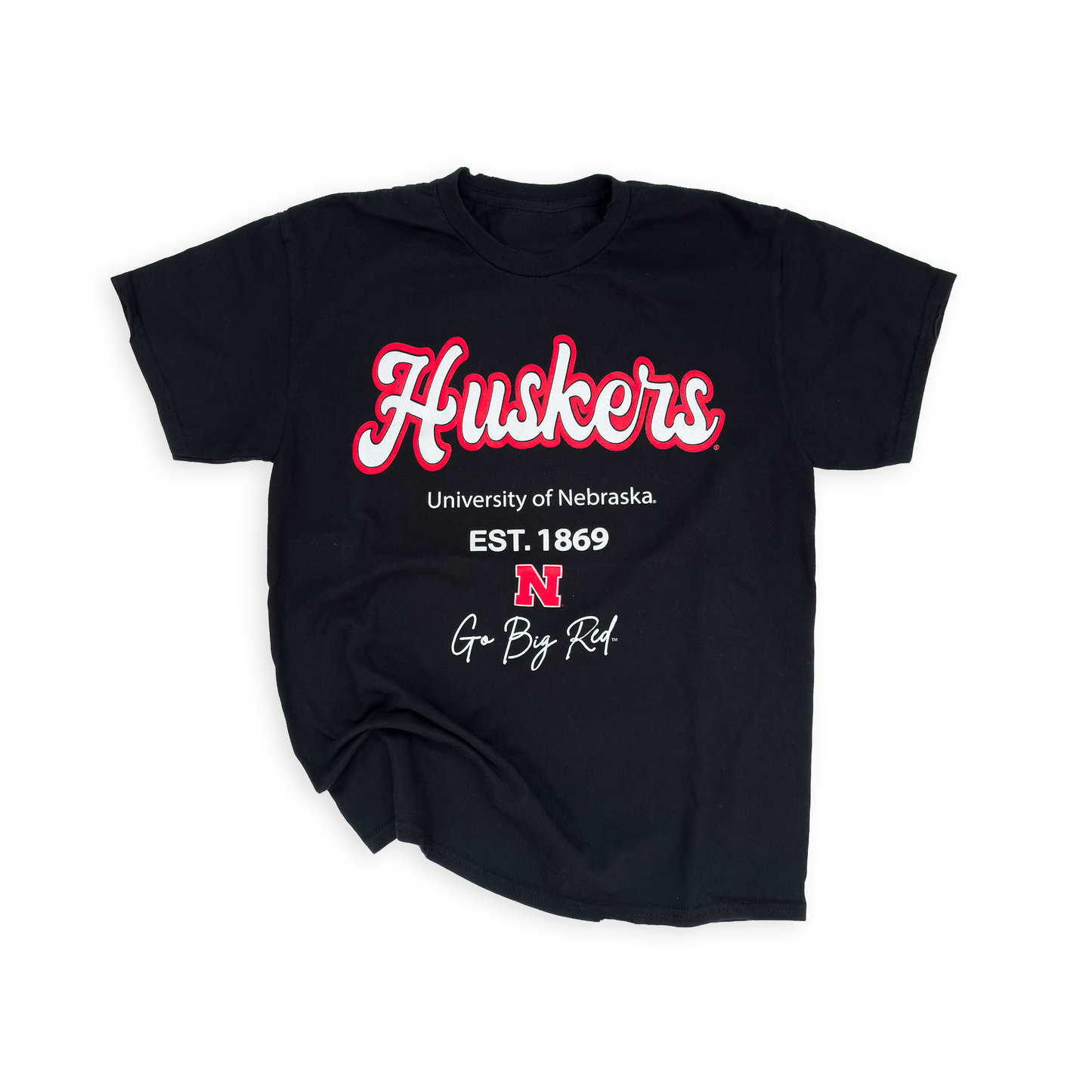 Black “Huskers: University of Nebraska" Letterman Graphic Tee