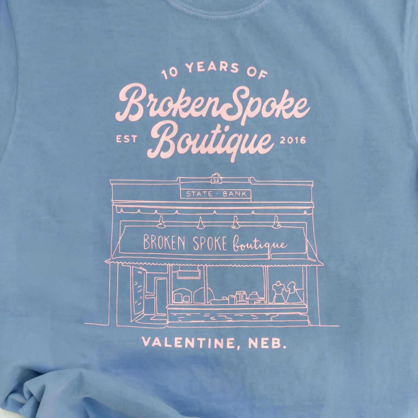 Garment Dyed Washed Denim “Broken Spoke Boutique: Ten Years" Anniversary Store Front Heavyweight Graphic Tee