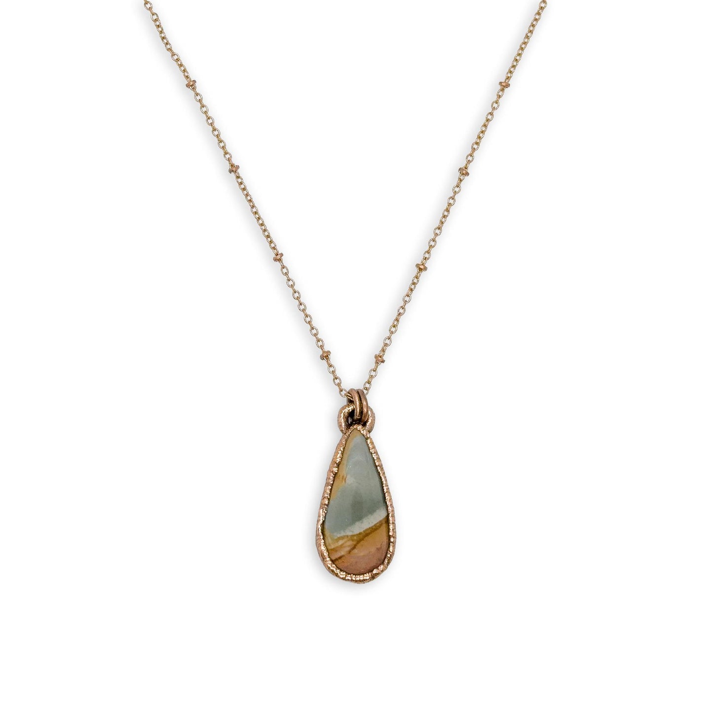 Petite Teardrop Sandhills Picture Jasper Pendant Necklace on 18″ Copper Chain