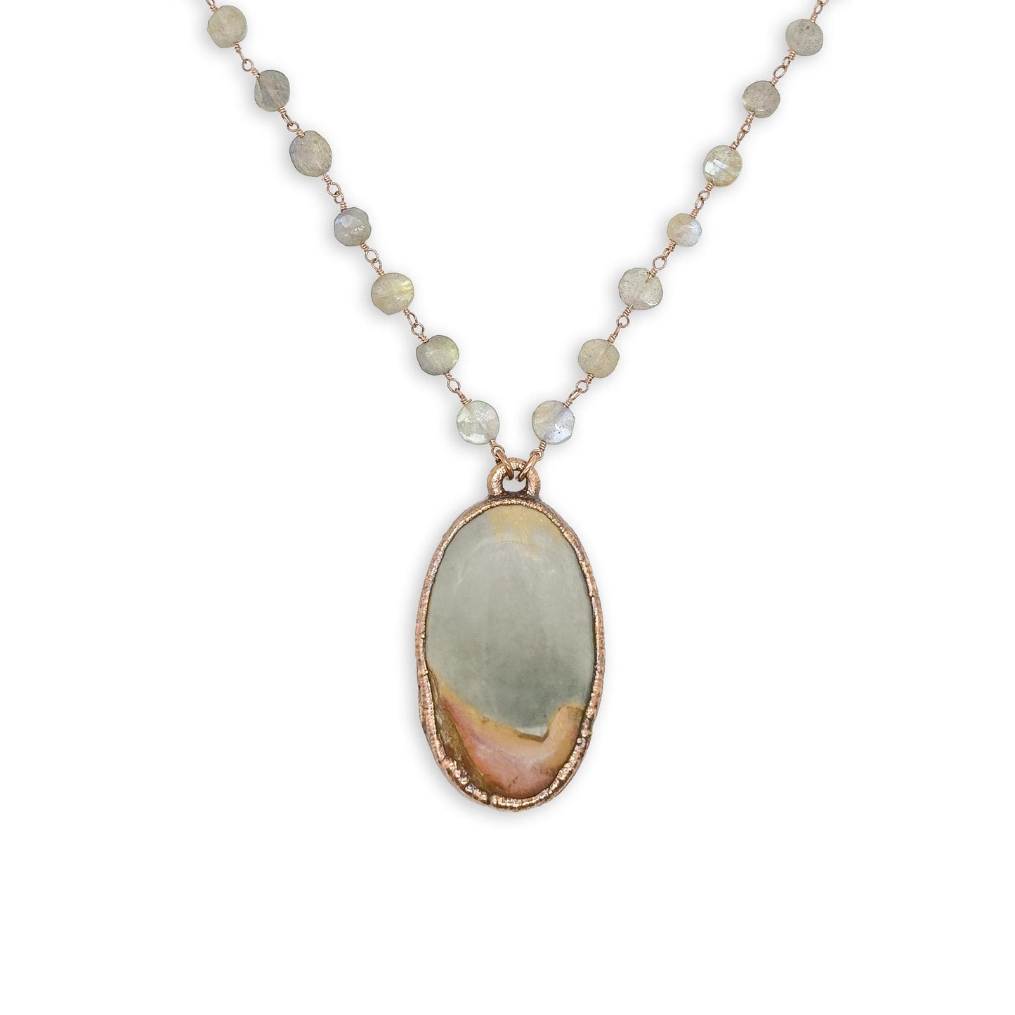 Oval Sandhills Picture Jasper Pendant Necklace on 18″ Labradorite Beaded Copper Chain