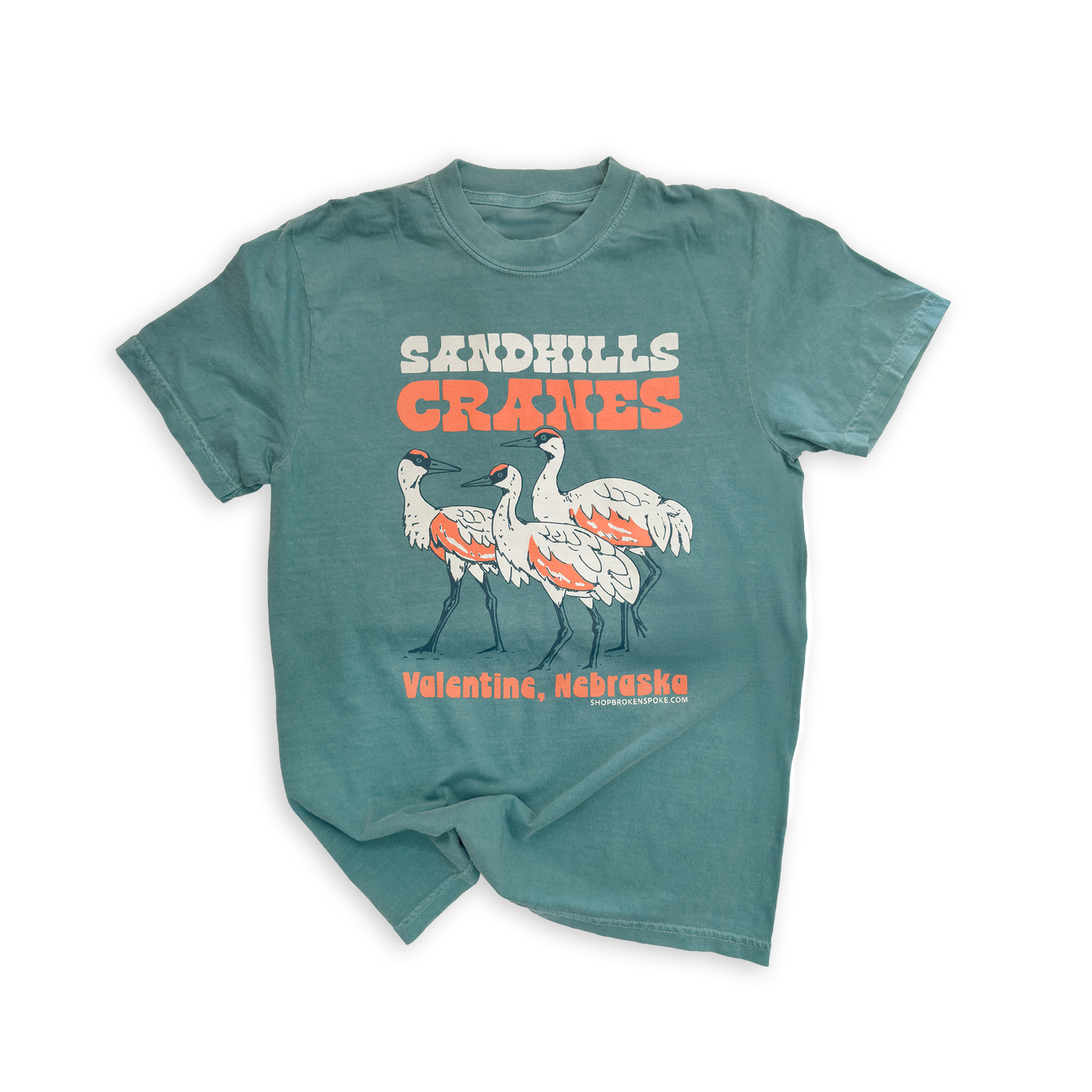 Wetland Green “Sandhills Cranes: Valentine, Nebraska” Retro-Style Garment-Dyed Heavyweight Graphic Tee