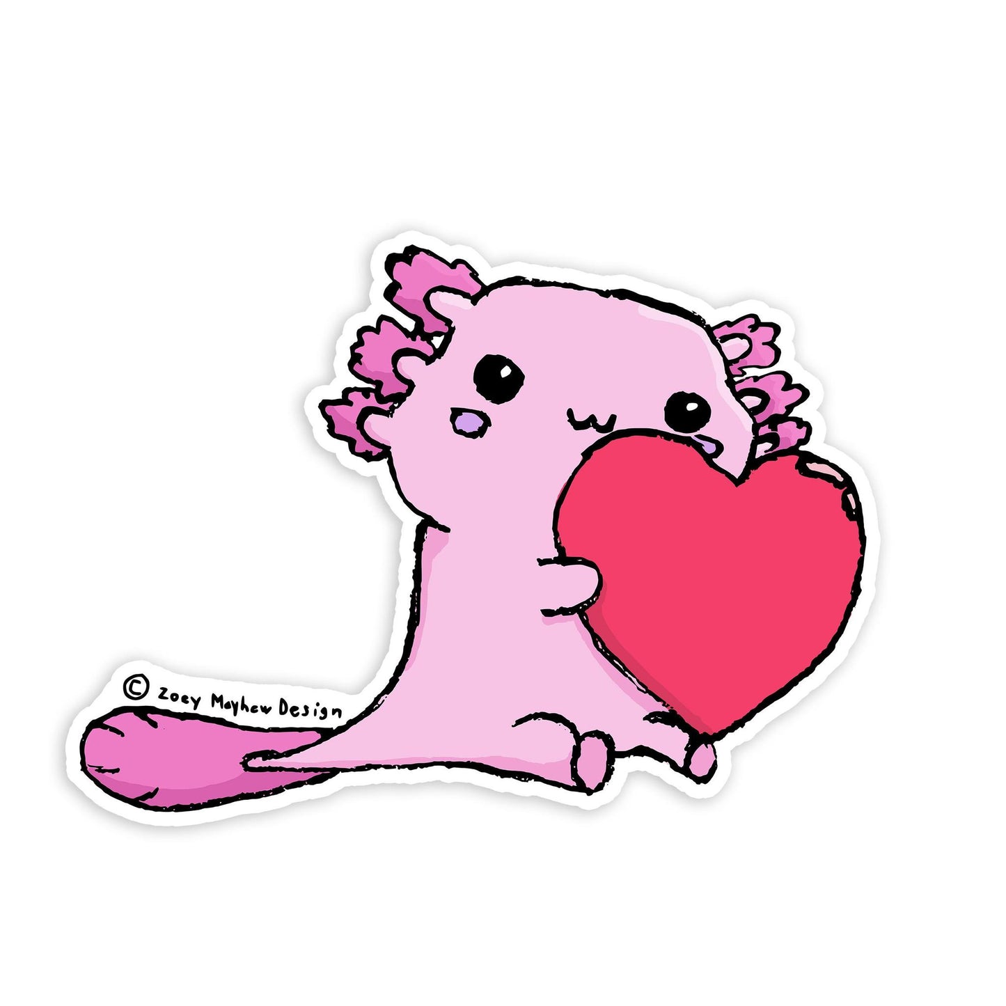 Cute Hand-Drawn Pink Axolotl with Heart Vinyl Sticker