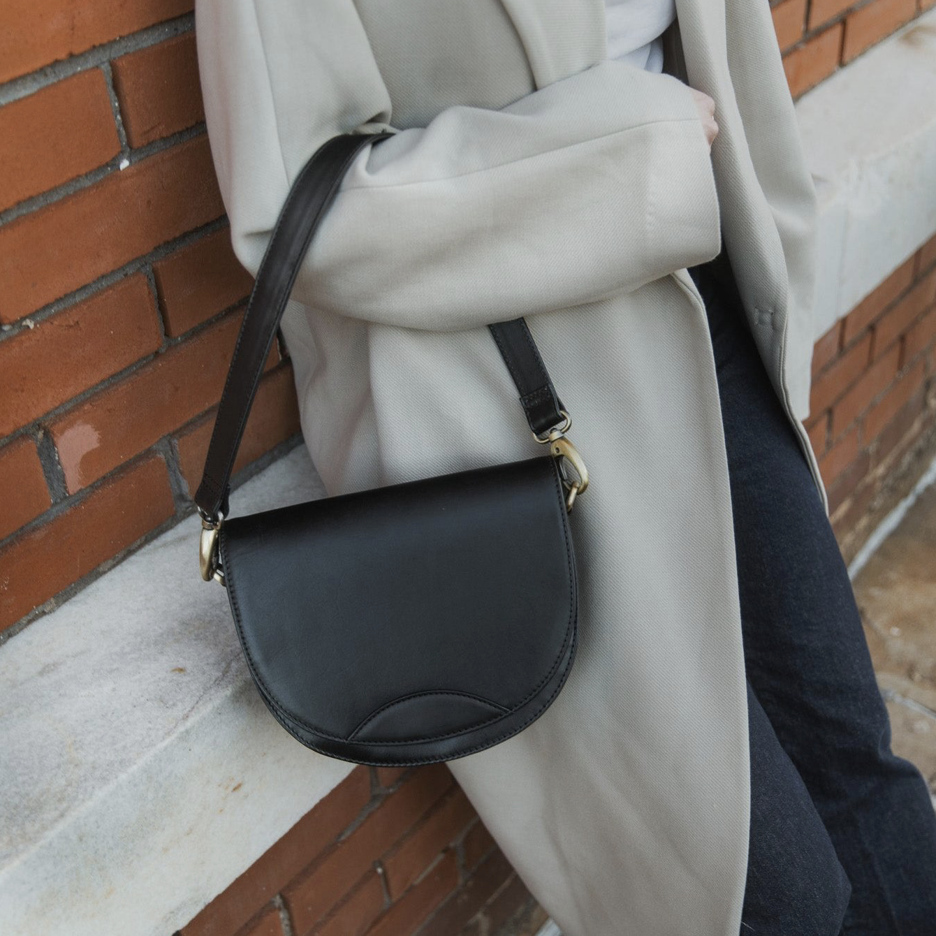 Black Full Grain Leather Stella Saddle Bag