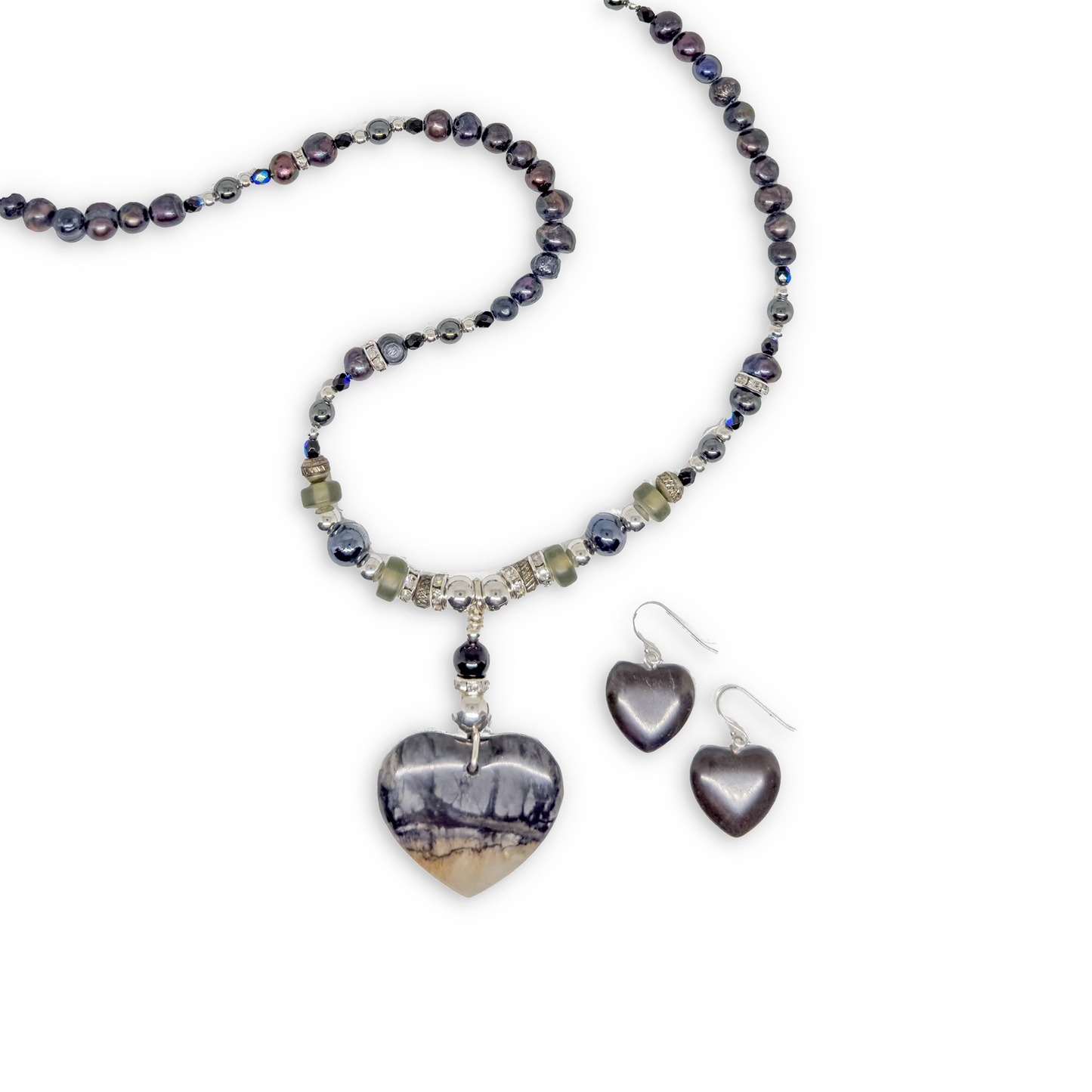 Sicangu Lakota Oyate Picaso Japser with Black Pearl Heart Necklace and Earring Set