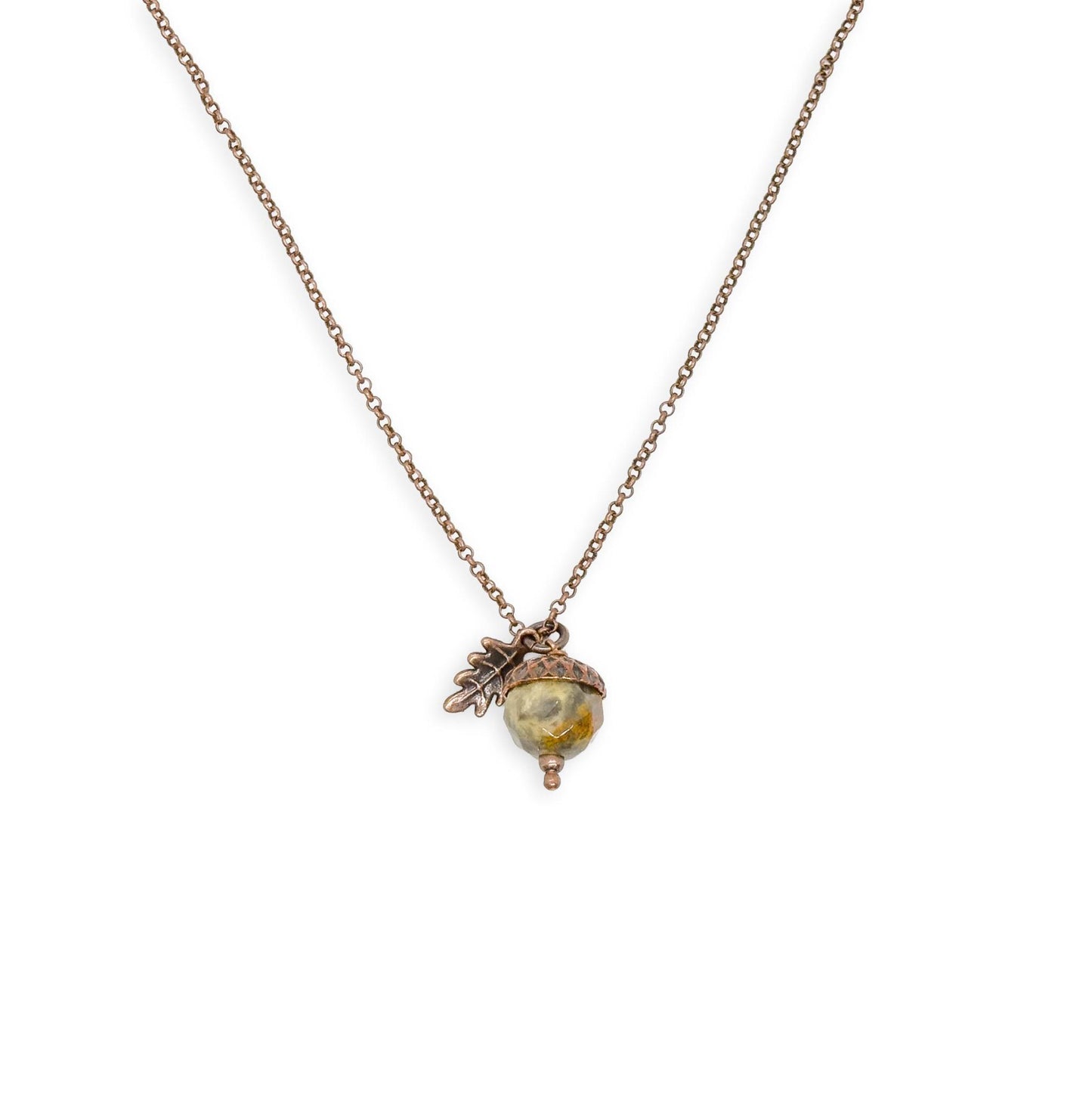 Crazy Lace Agate Acorn Pendant Necklace with Copper Leaf on 20″ Copper Chain