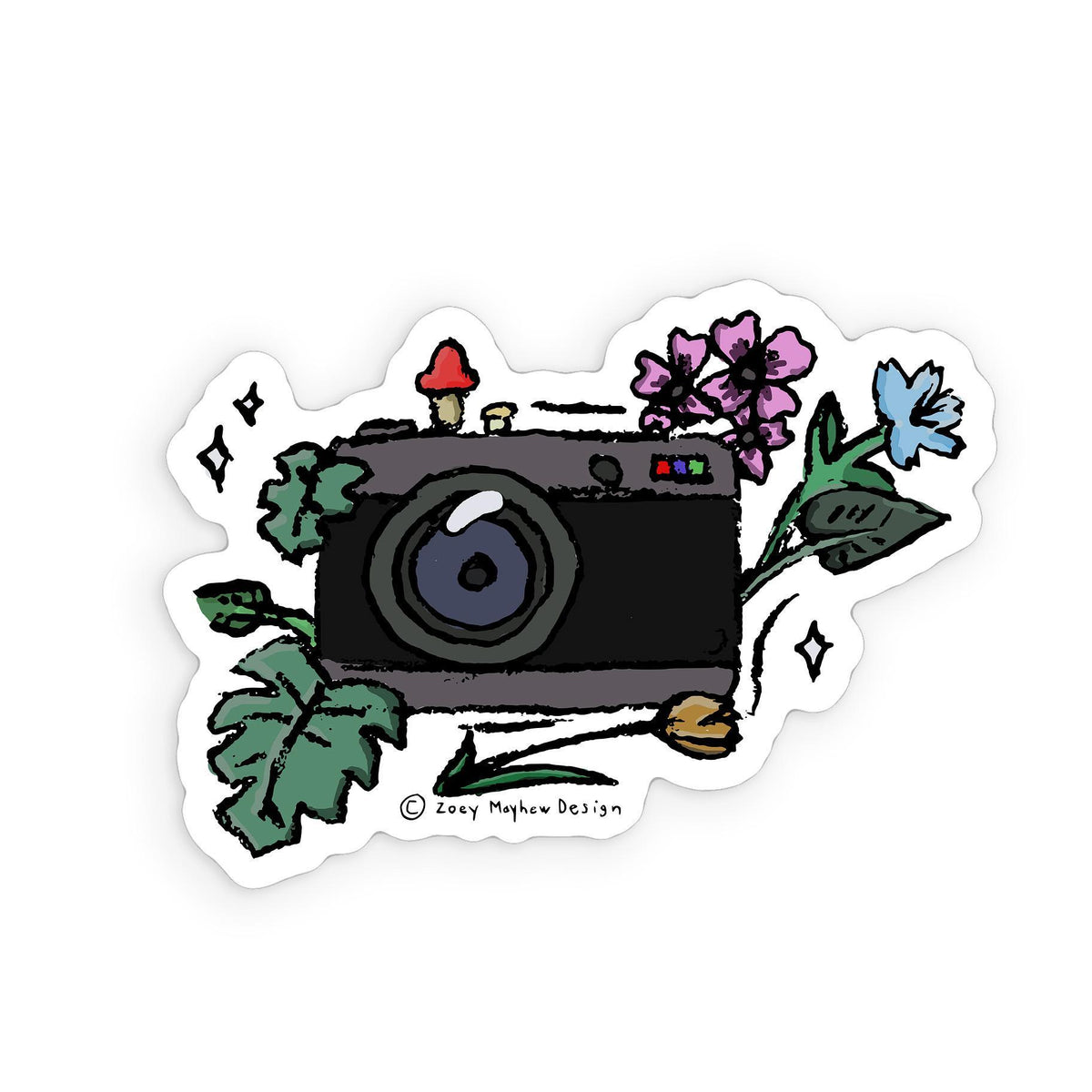 Cute Hand-Drawn Camera in Floral Setting Vinyl Sticker