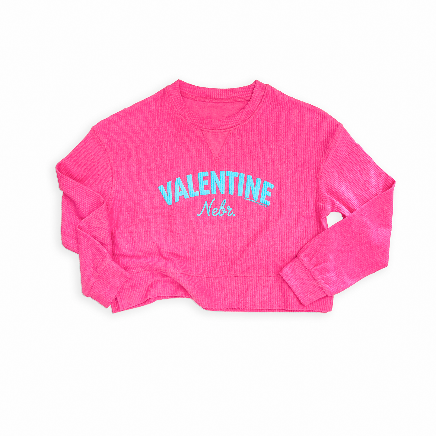 Pink “Valentine, Nebr” Puff Print Corded Crop Graphic Sweatshirt