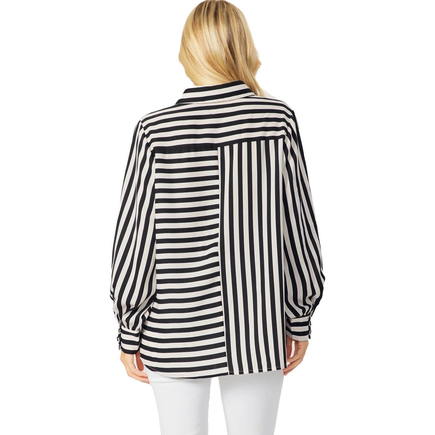 Reba Black & White Striped Button Down Blouse