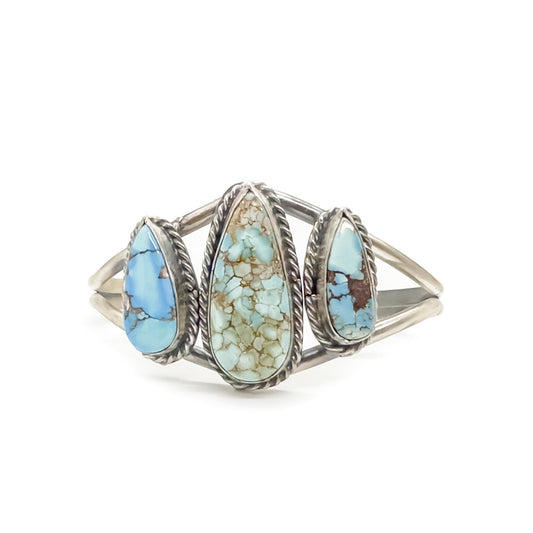 Navajo Golden Hills Turquoise Three-Stone Tear Drop Sterling Silver Cuff Bracelet by BJA