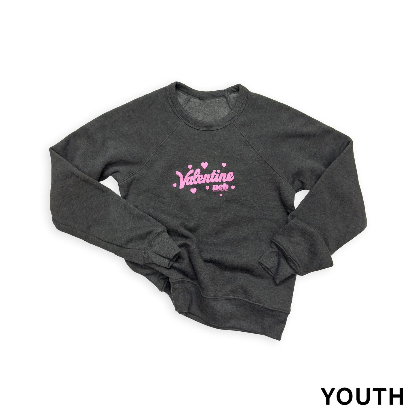 Youth Dark Grey “Valentine Neb" Hearts Puff Print Fleece Graphic Sweatshirt