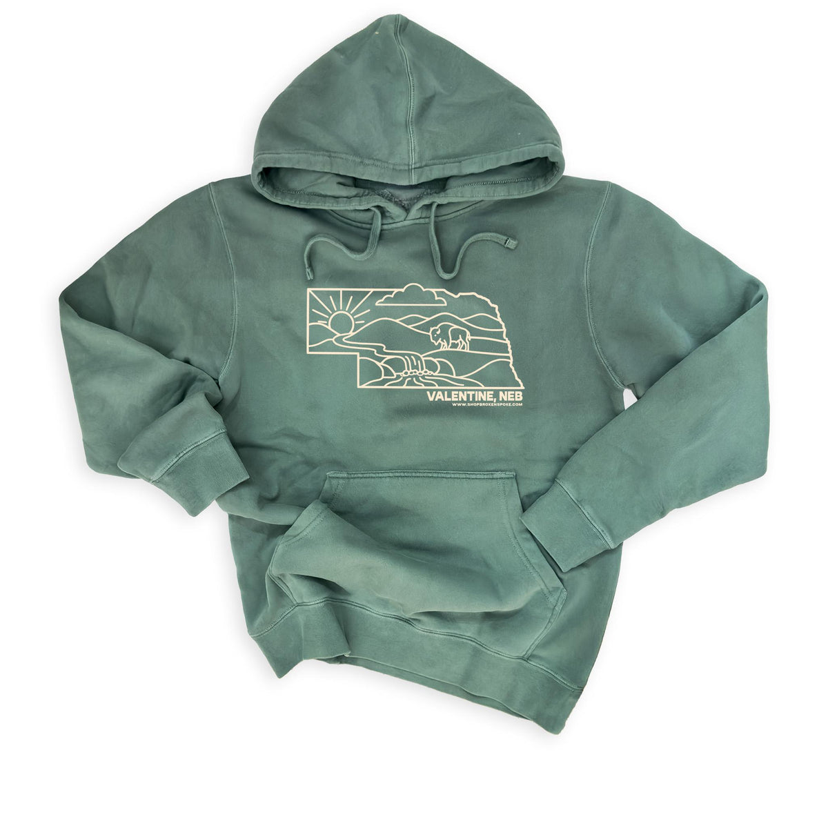 Alpine Green “Valentine, Neb” Nebraska State Sandhills & Bison Midweight Pigment-Dyed Hooded Graphic Sweatshirt