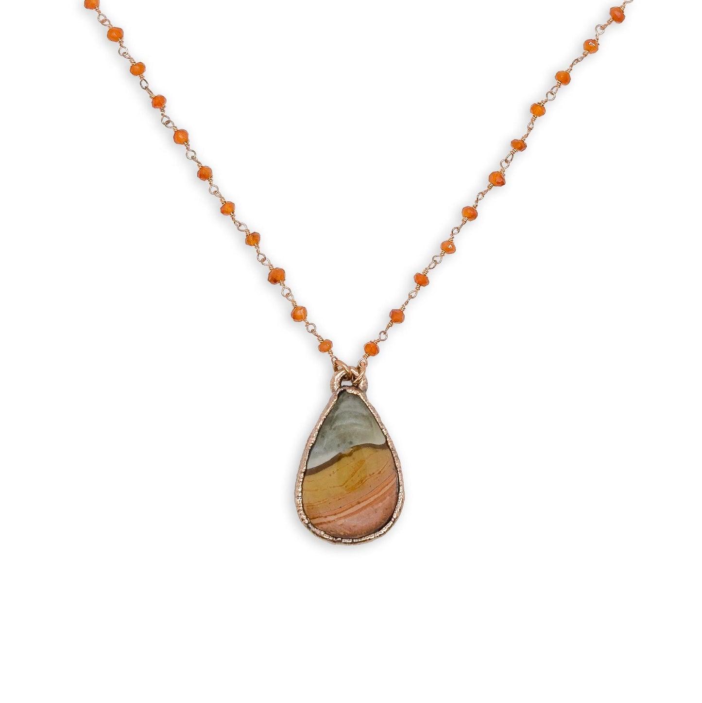 Teardrop Sandhills Picture Jasper Pendant Necklace on 18″ Citrine Beaded Copper Chain