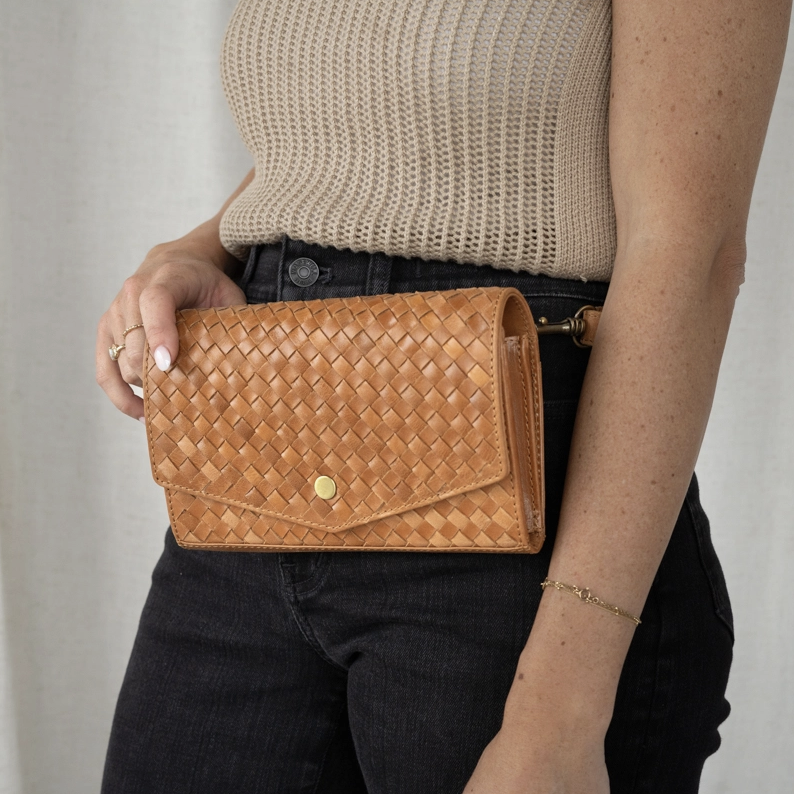 Camel Full Grain Leather Woven Dimarco Crossbody Bag