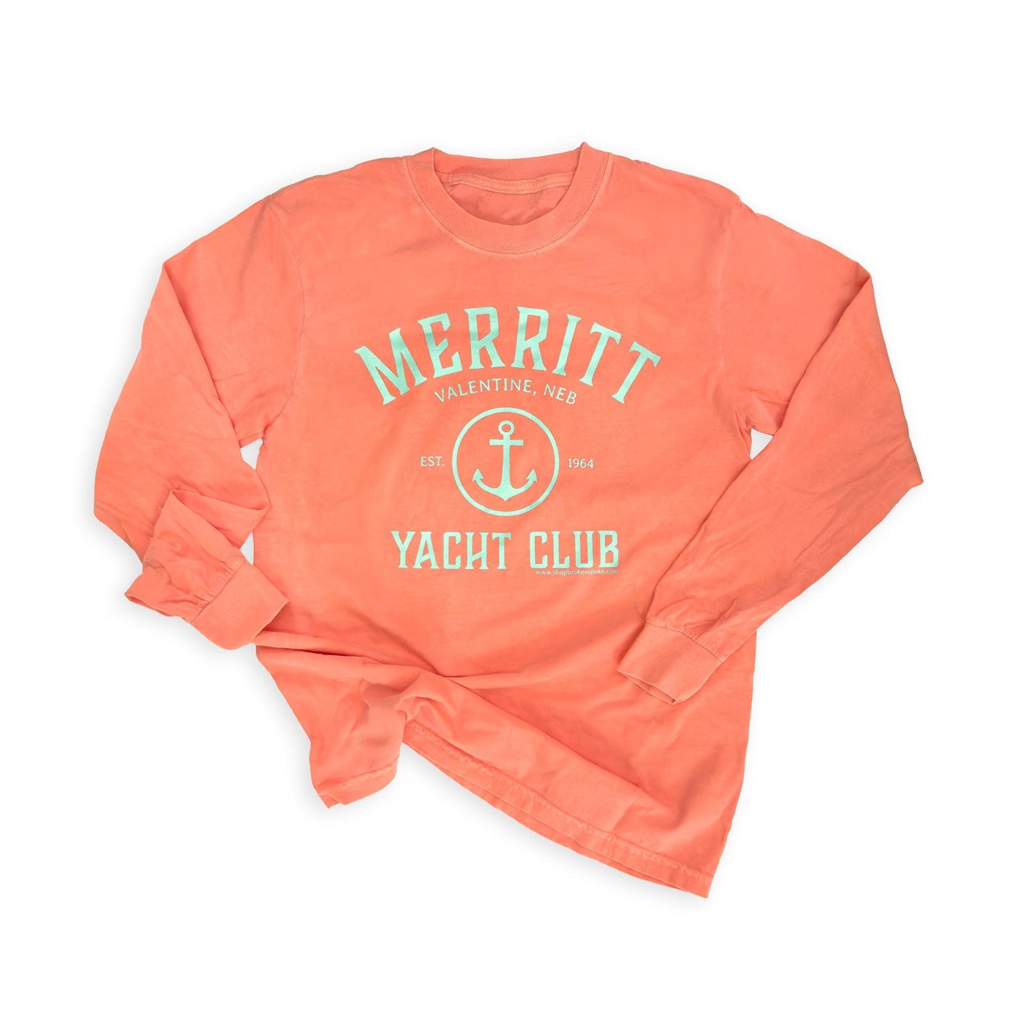 Bright Salmon “Merritt Yacht Club: Est. 1964" Valentine, Neb. Garment-Dyed Heavyweight Long Sleeve Graphic Tee
