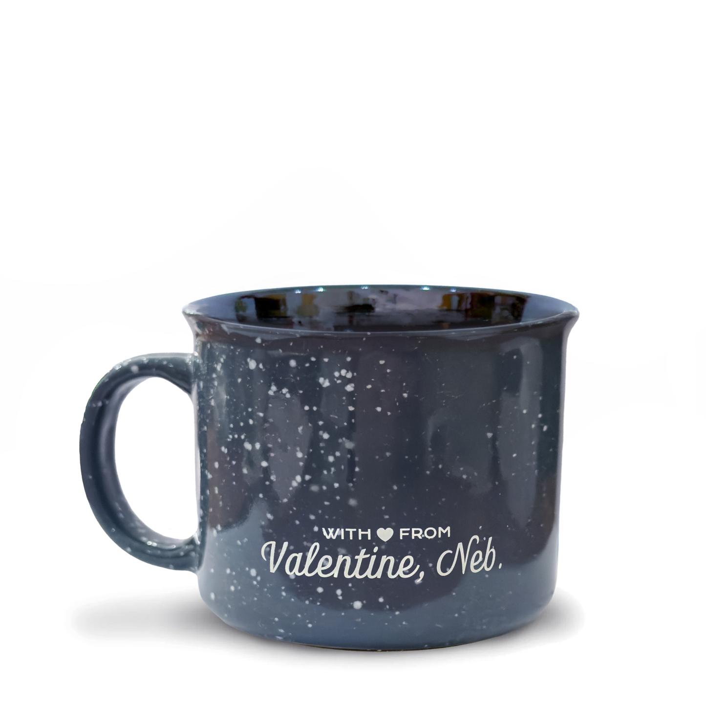 15oz Grey Speckled “Small Town. Big Heart.” Valentine, Nebraska Campfire Ceramic Mug in White