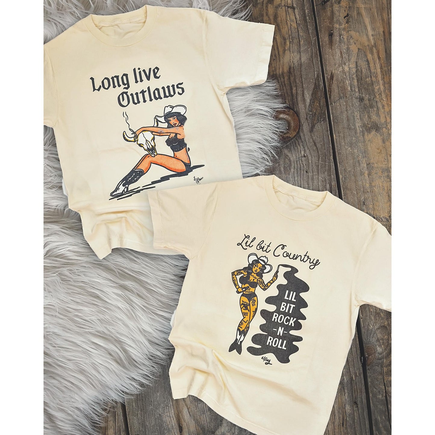 Bone "Long Live Outlaws" Western Pinup Tattoo Graphic Tee