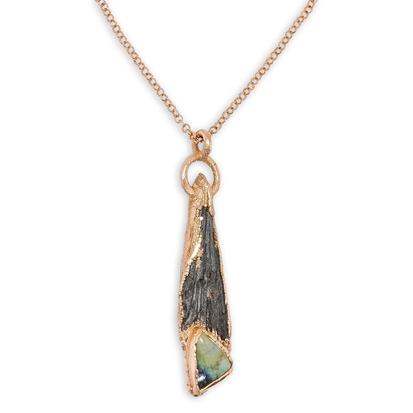 Electroformed Black Kyanite with Labradorite Accent Pendant Necklace on 28″ Copper Chain