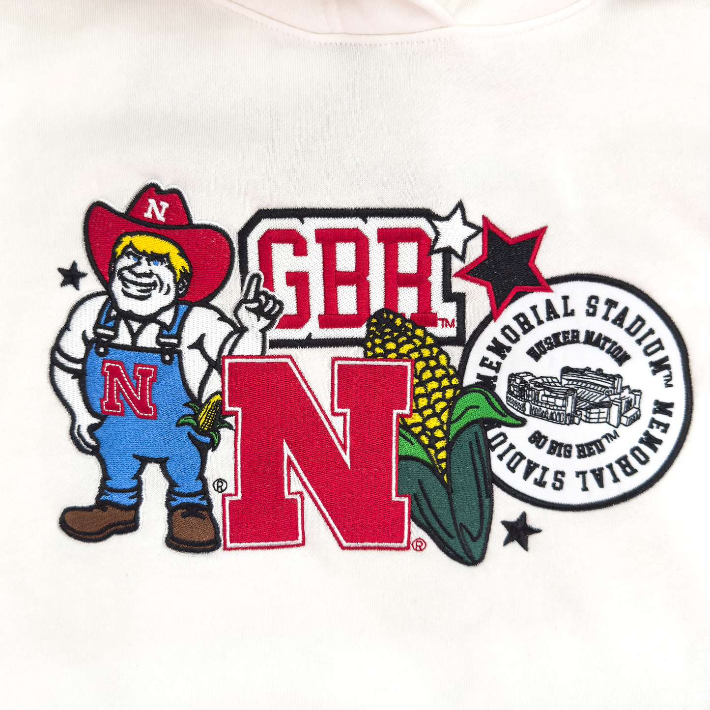 White Nebraska Husker “GBR" Layered Patch Luxe Crop Hoodie