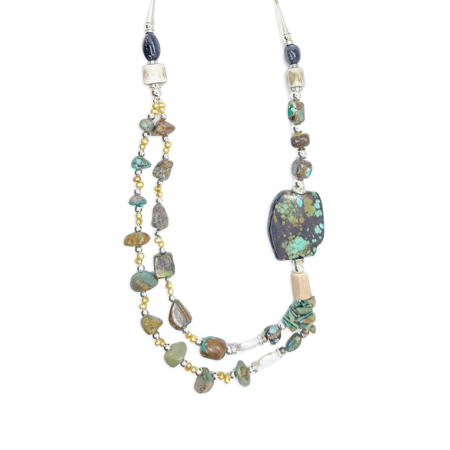 Sicangu Lakota Oyate Blackjack Turquoise Slab with Pearl, Hand Carved Antler, Swarovski Crystal, Onyx Accent Necklace