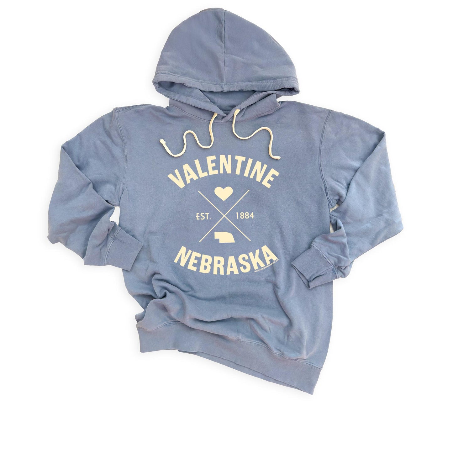 Blue Jean “Valentine Nebraska, Est: 1884” Garment-Dyed Lightweight Fleece Hooded Graphic Sweatshirt