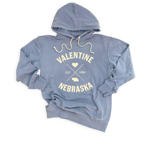 Blue Jean “Valentine Nebraska, Est: 1884” Garment-Dyed Lightweight Fleece Hooded Graphic Sweatshirt