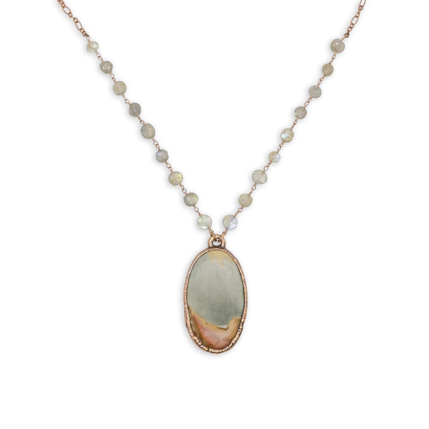 Oval Sandhills Picture Jasper Pendant Necklace on 18″ Labradorite Beaded Copper Chain