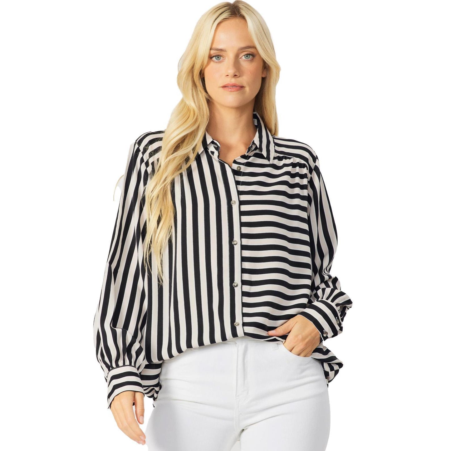 Reba Black & White Striped Button Down Blouse