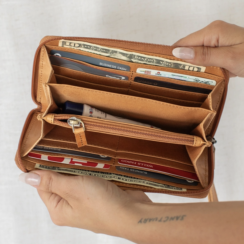 Camel Full Grain Leather Zipper Wallet