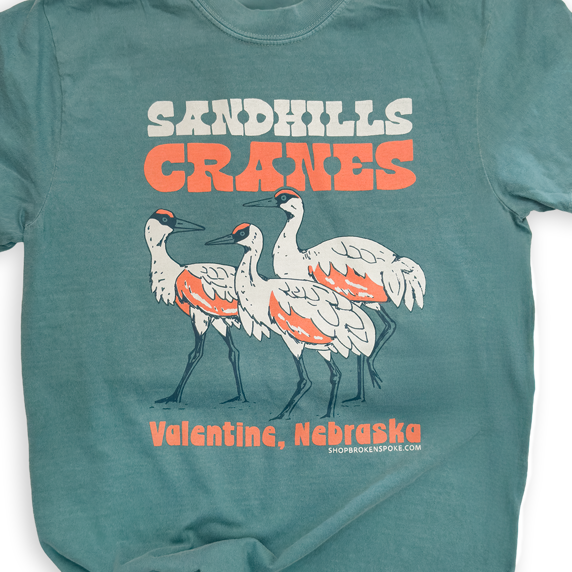 Wetland Green “Sandhills Cranes: Valentine, Nebraska” Retro-Style Garment-Dyed Heavyweight Graphic Tee