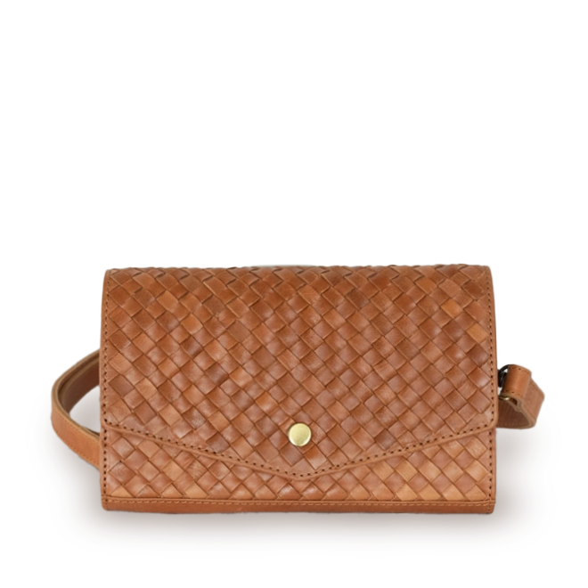 Camel Full Grain Leather Woven Dimarco Crossbody Bag