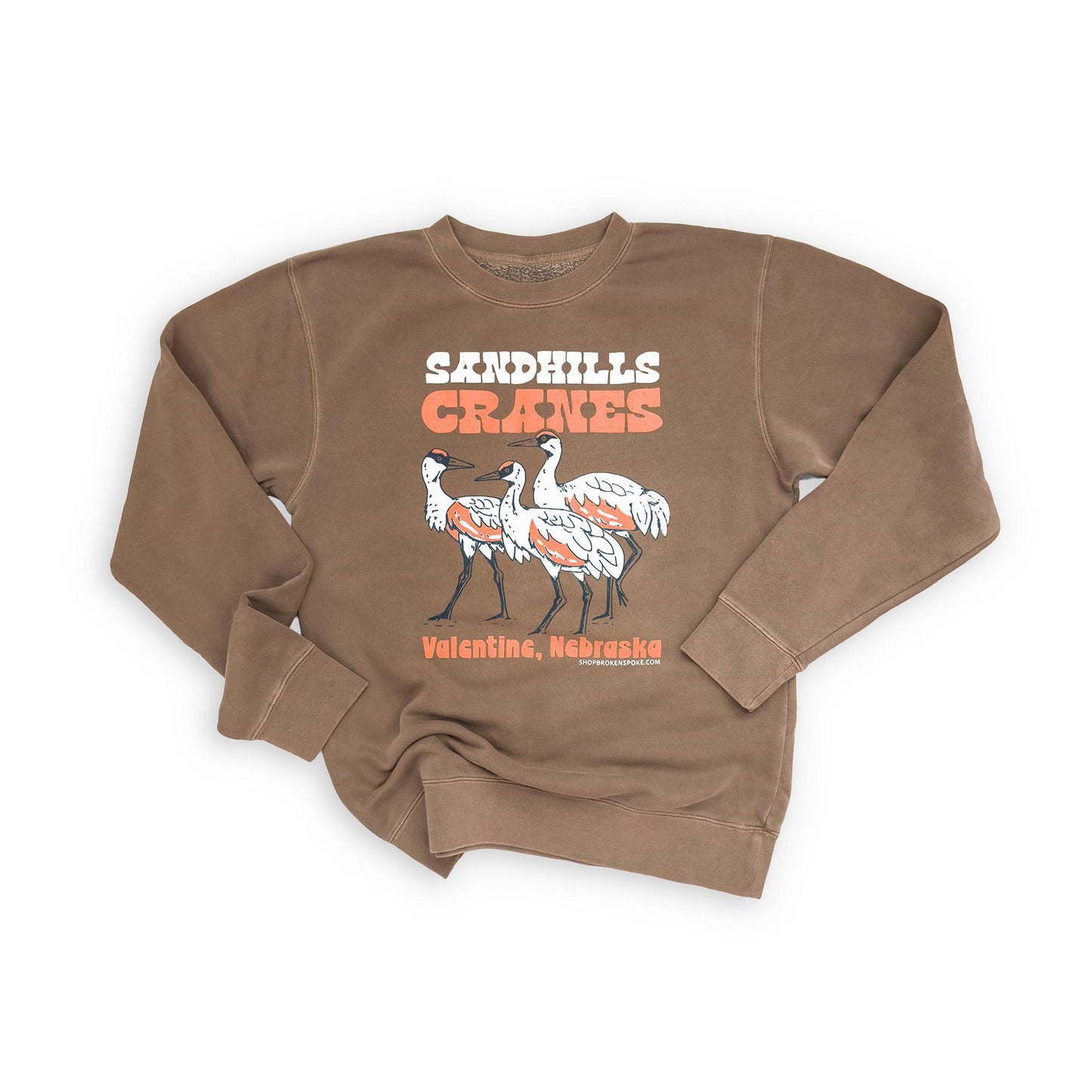 Sand Dune Brown “Sandhills Cranes: Valentine, Nebraska” Retro-Style Midweight Pigment-Dyed Graphic Sweatshirt