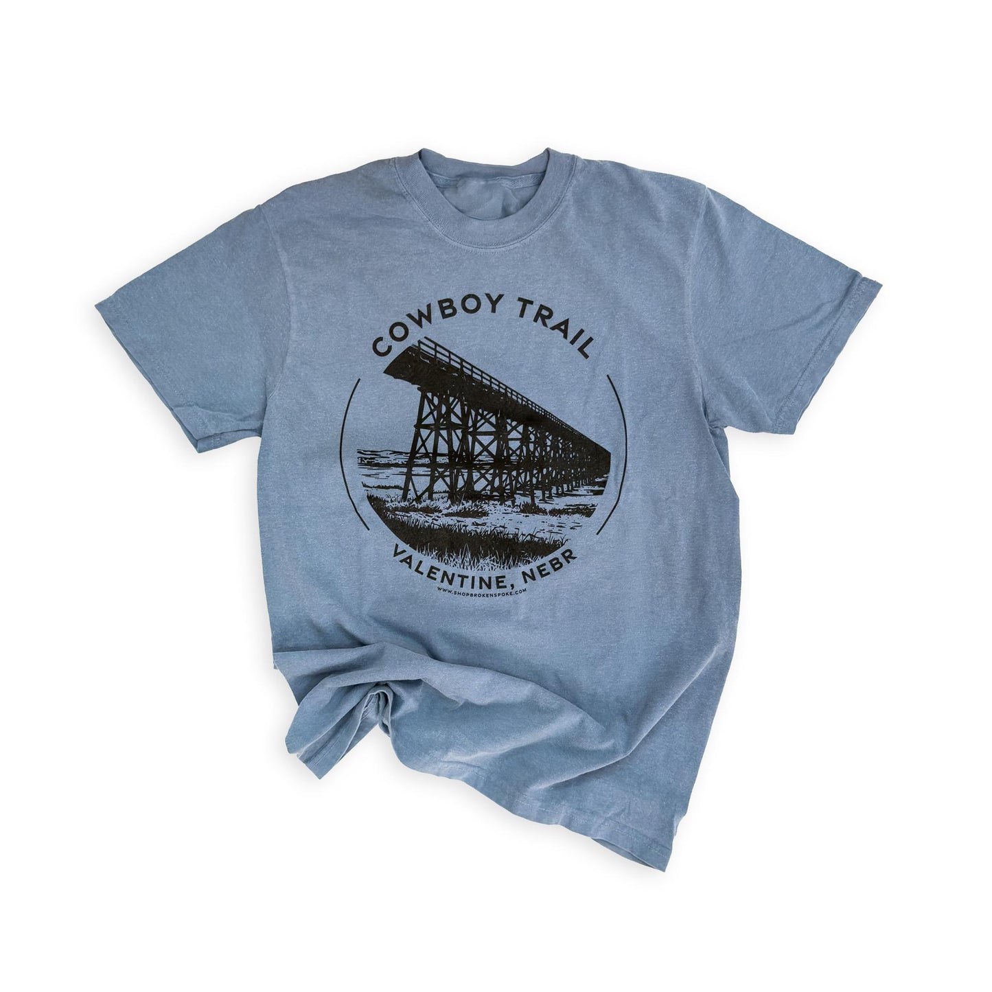 Garment Dyed Blue Jean “Cowboy Trail: Valentine, Nebr” Railroad Bridge Heavyweight Graphic Tee