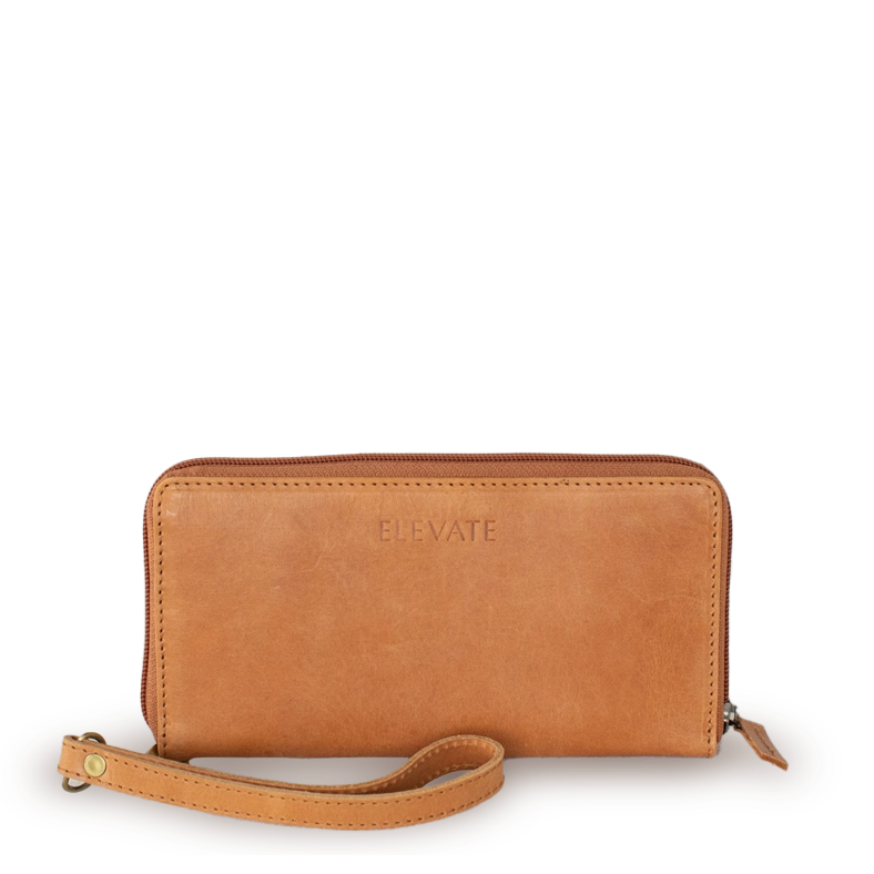 Camel Full Grain Leather Zipper Wallet