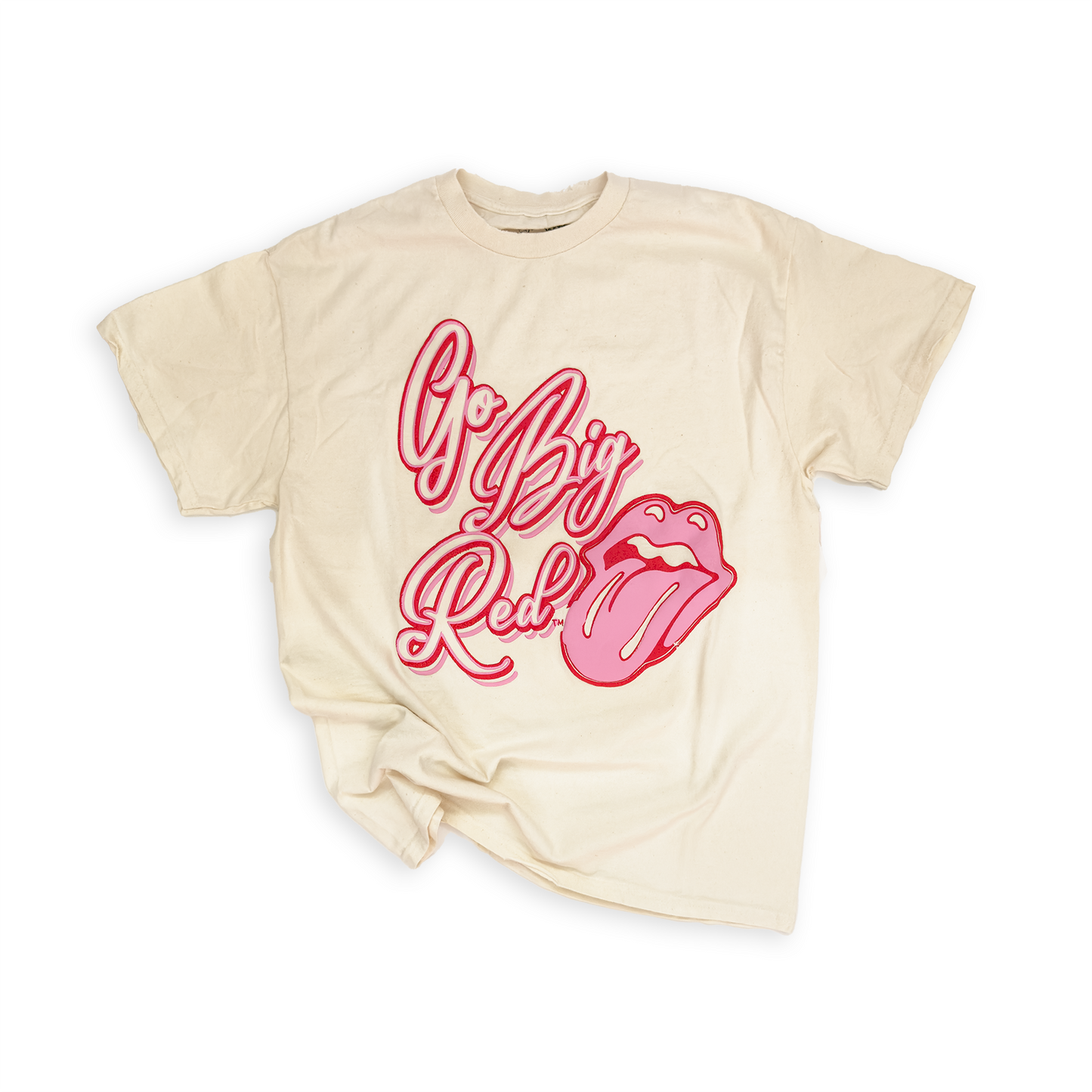 Cream “Go Big Red" Rolling Stones Logo Nebraska Husker Puff Graphic Tee
