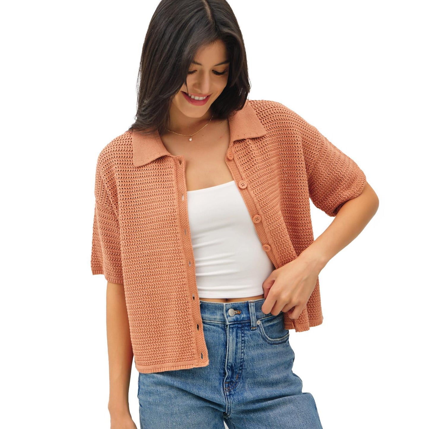 Apricot Crochet Button Up Blouse