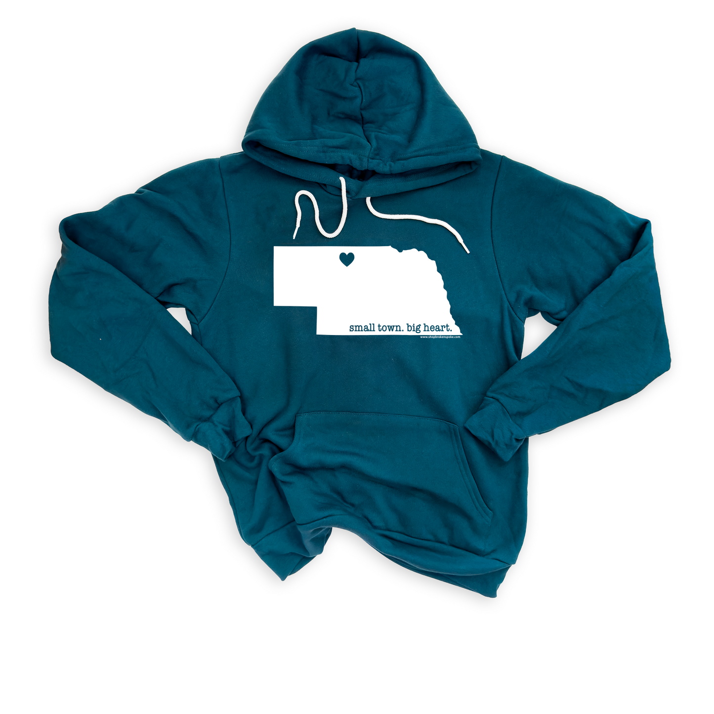 Deep Mossy Teal “Small Town. Big Heart.” Valentine Nebraska Graphic Sponge Fleece Hooded Sweatshirt
