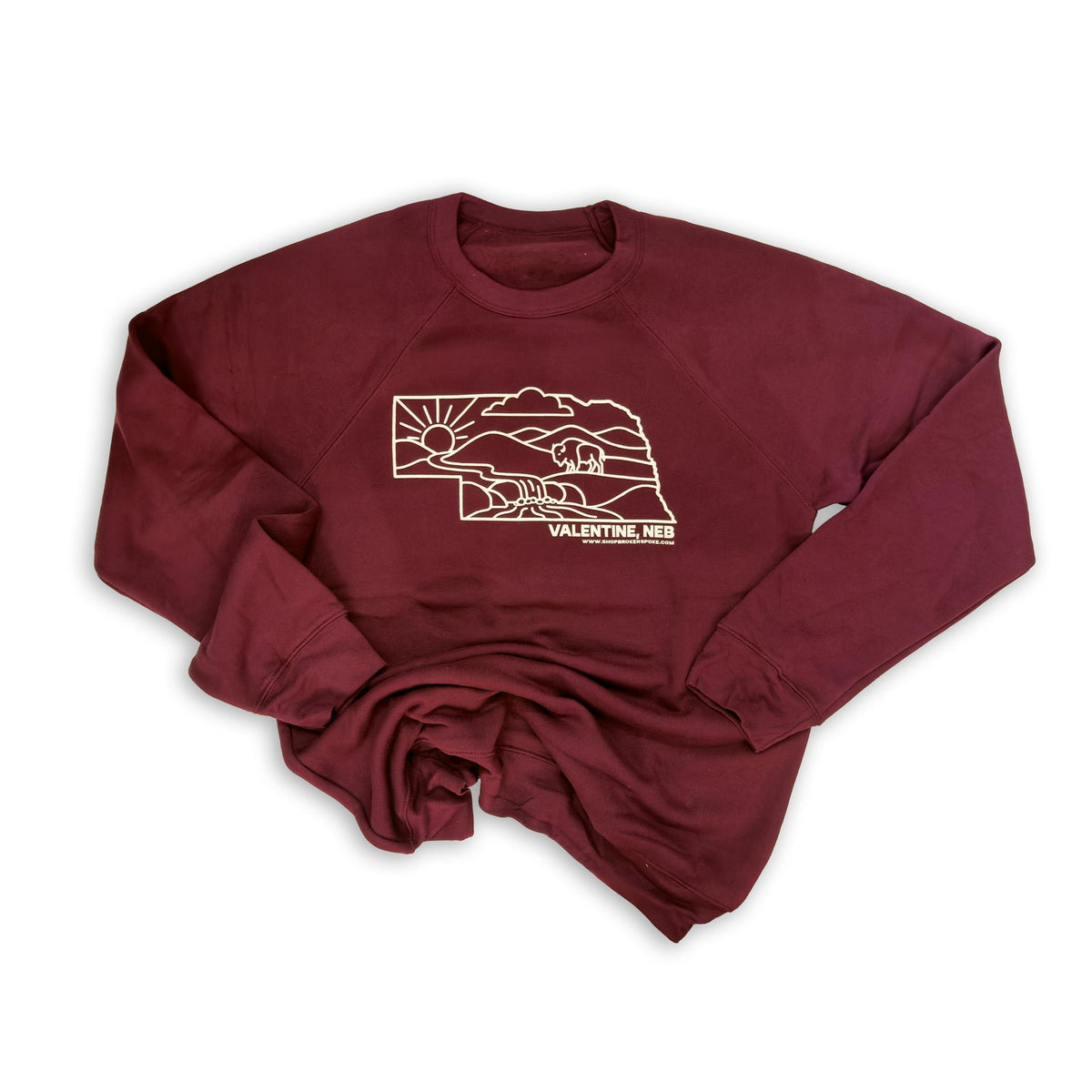 Maroon “Valentine, Neb” Nebraska State Sandhills & Bison Sponge Fleece Crewneck Graphic Sweatshirt