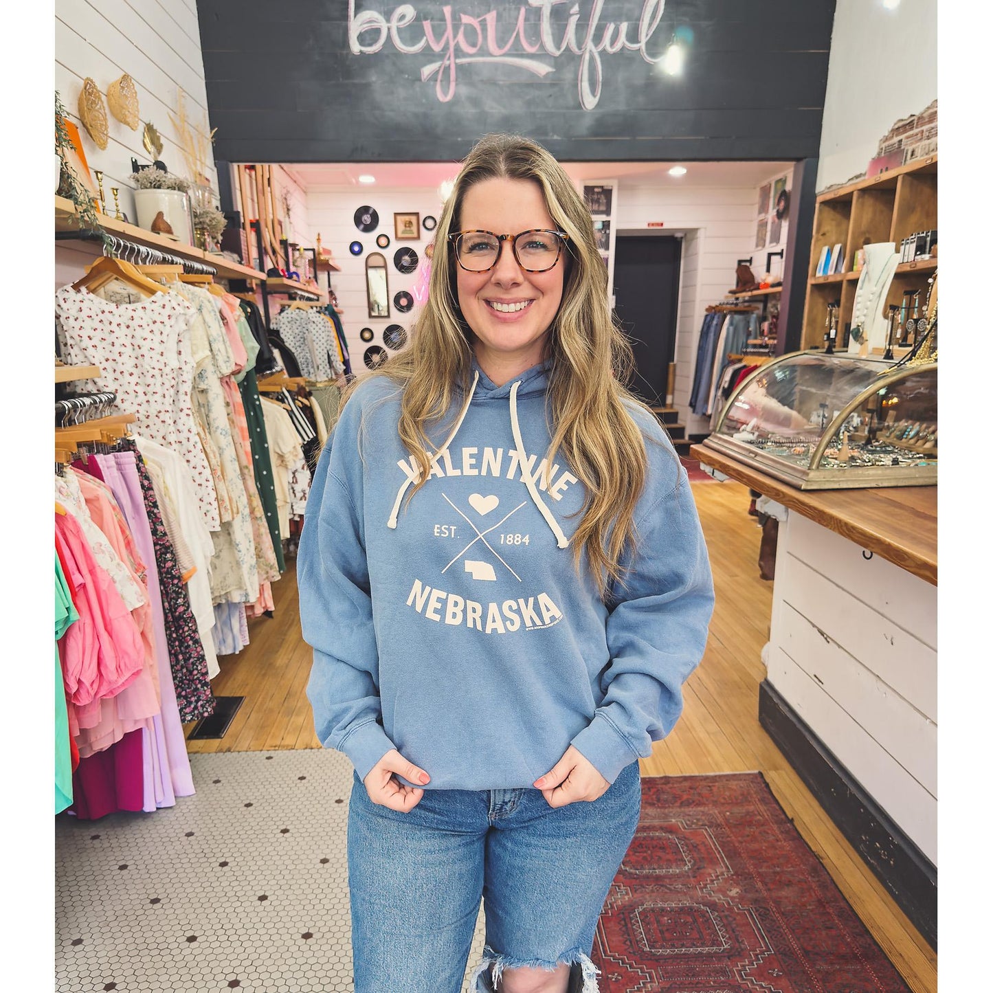 Blue Jean “Valentine Nebraska, Est: 1884” Garment-Dyed Lightweight Fleece Hooded Graphic Sweatshirt