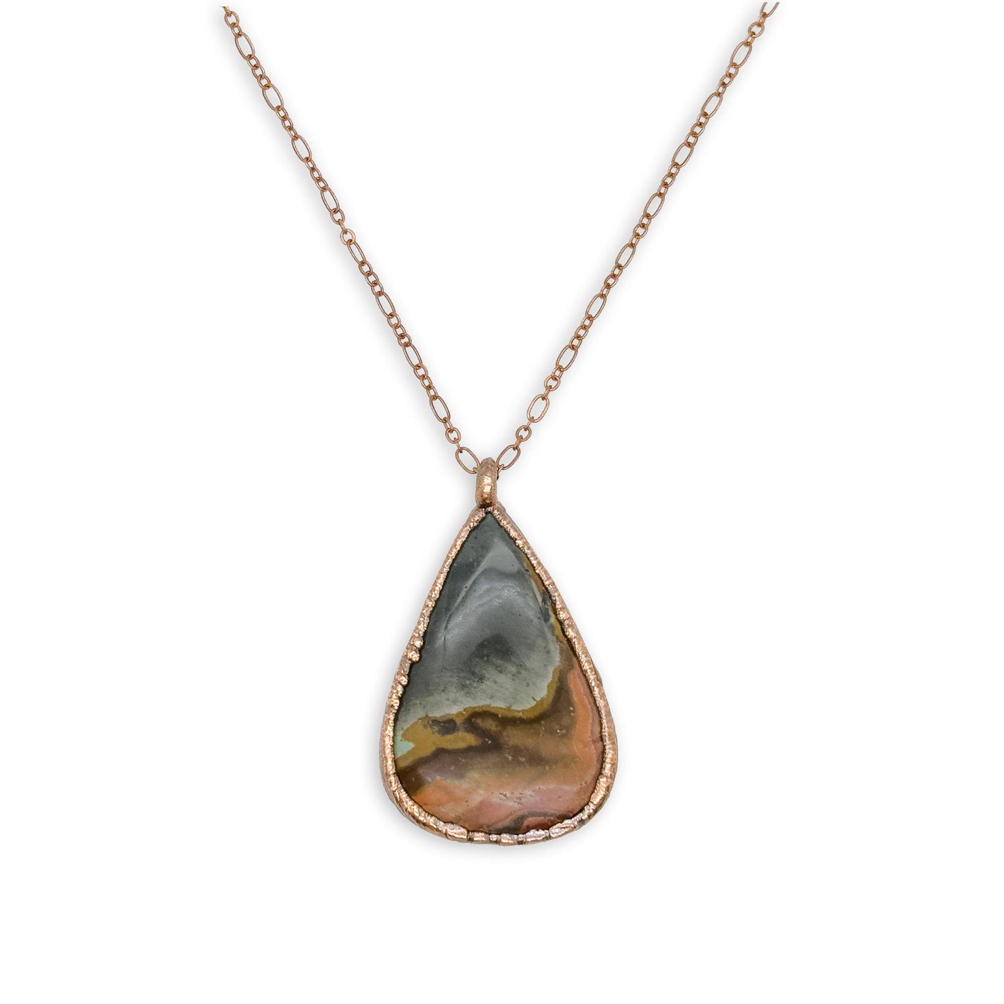 Teardrop Sandhills Picture Jasper Pendant Necklace on 24″ Copper Chain