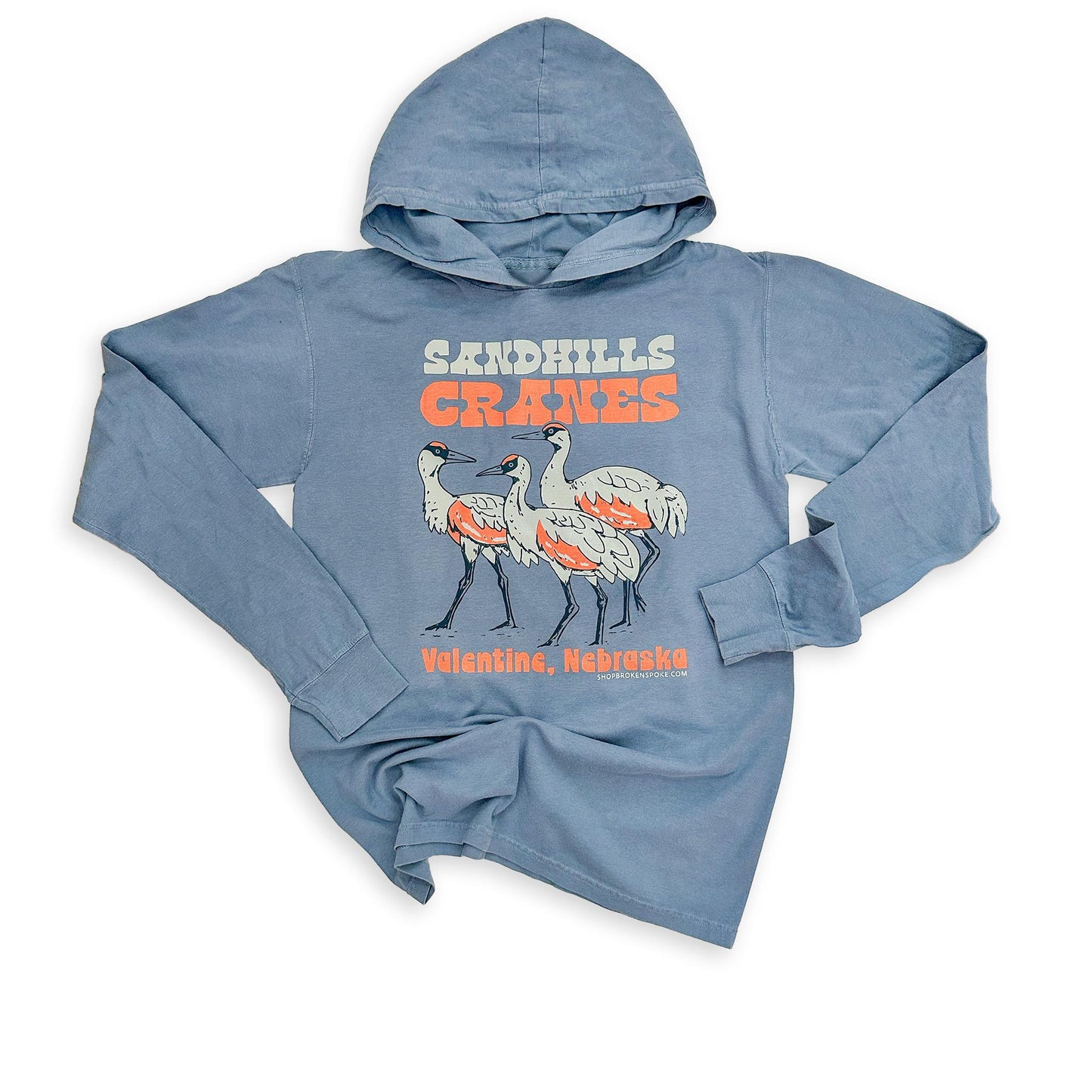 Marsh Lake Blue “Sandhills Cranes: Valentine, Nebraska” Retro-Style Hooded Graphic Long Sleeve Tee