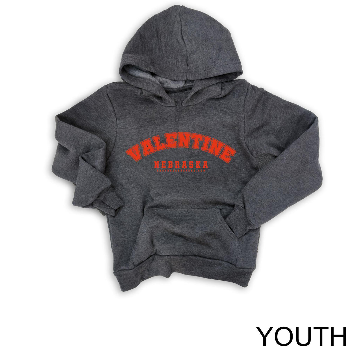 Youth Dark Heather Grey "Valentine, Nebraska" Varsity Graphic Hooded Sweatshirt
