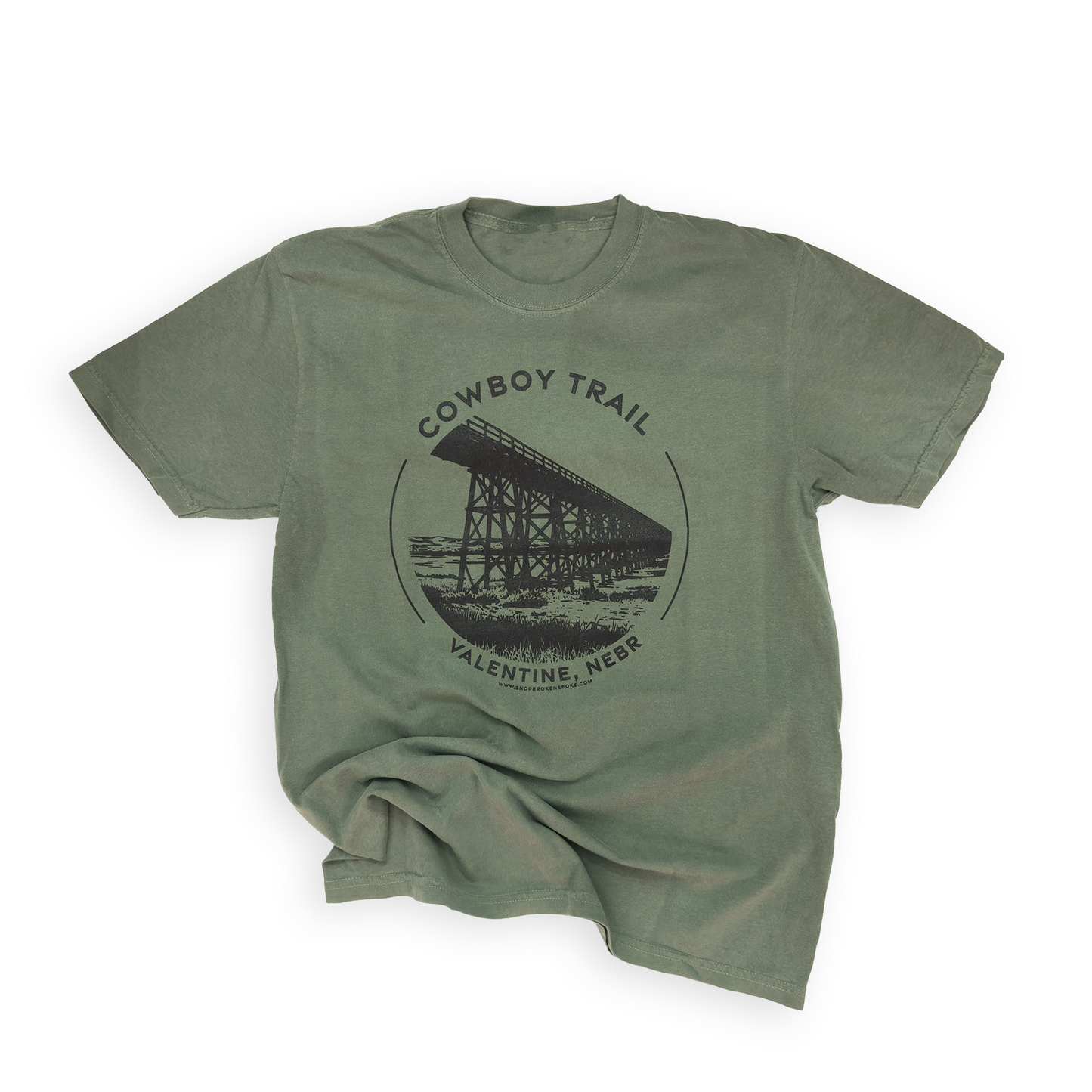 Moss Green “Cowboy Trail: Valentine, Nebr” Railroad Bridge Garment-Dyed Heavyweight Graphic Tee