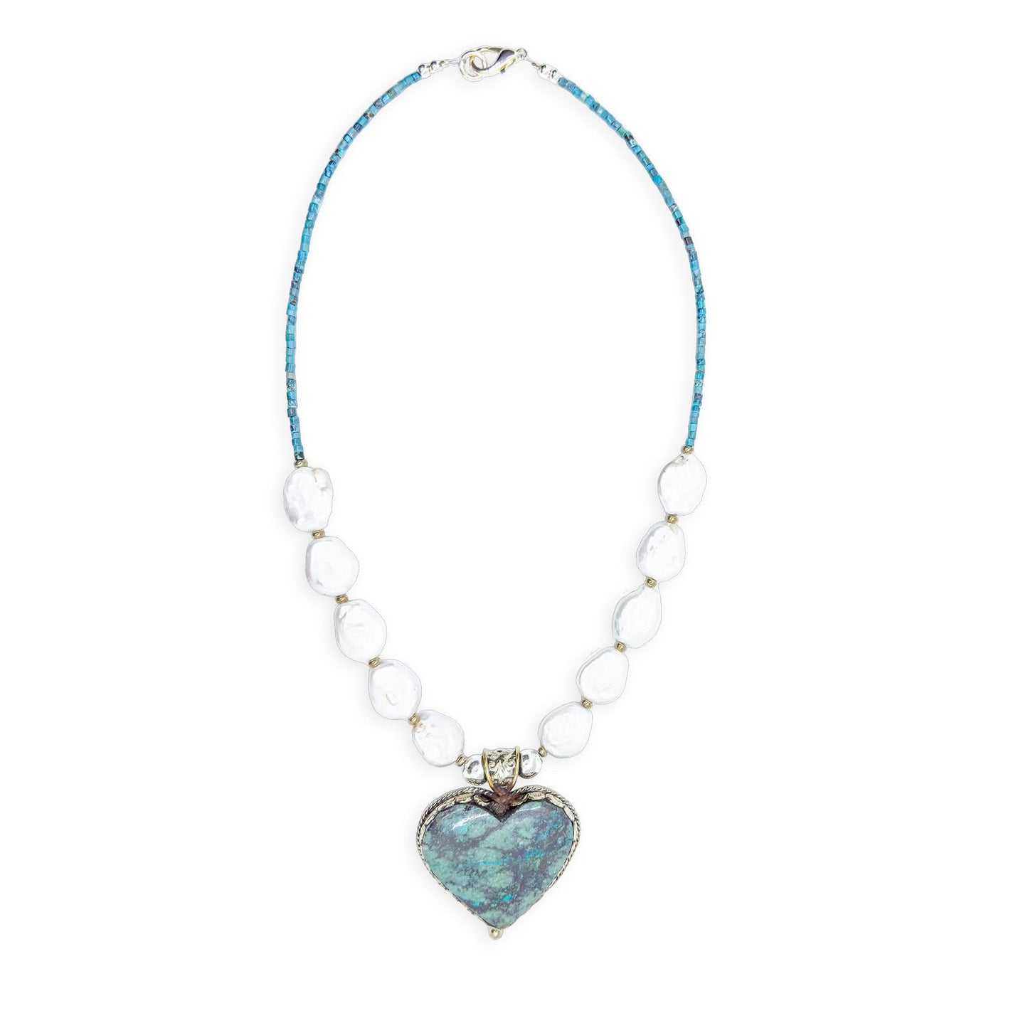 Sicangu Lakota Oyate Turquoise Heart Pendant Necklace with Pearl and Turquoise Chip Accent