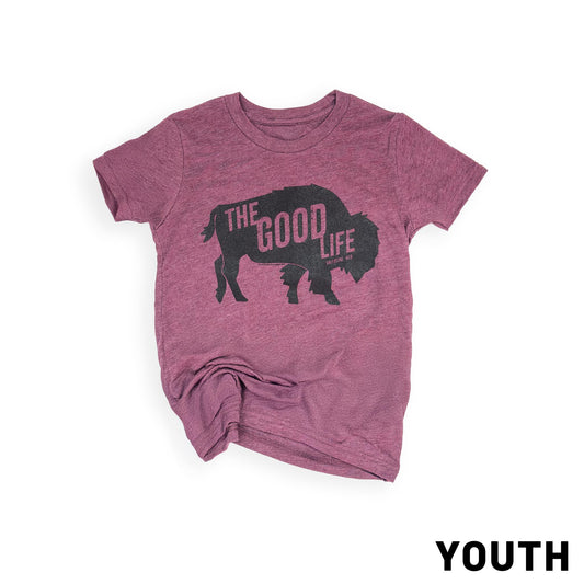 Youth Maroon “The Good Life: Valentine, Neb" Bison Graphic Tee