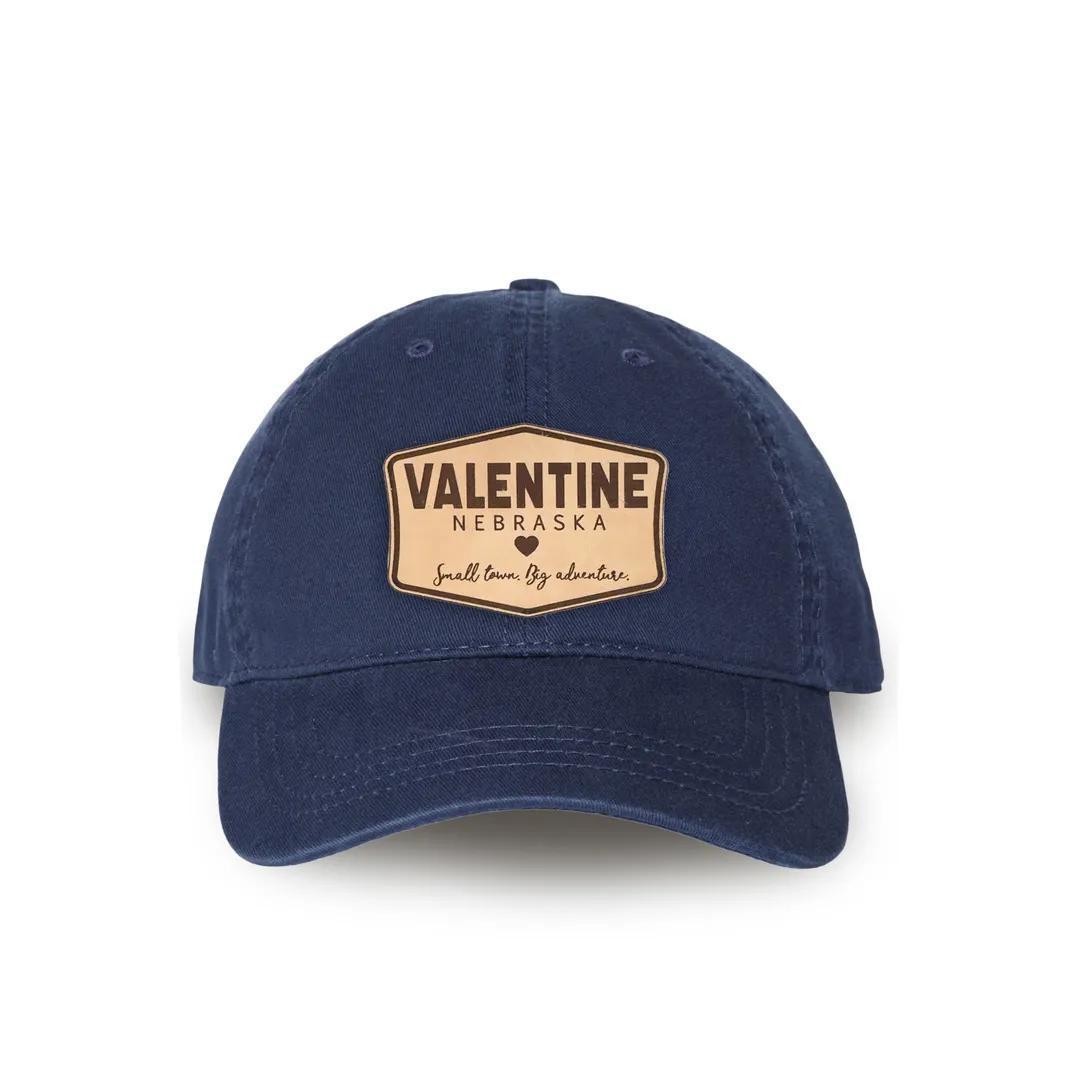 Navy Relaxed Golf Dad Hat with "Valentine Nebraska" Sign Natural Leather Patch