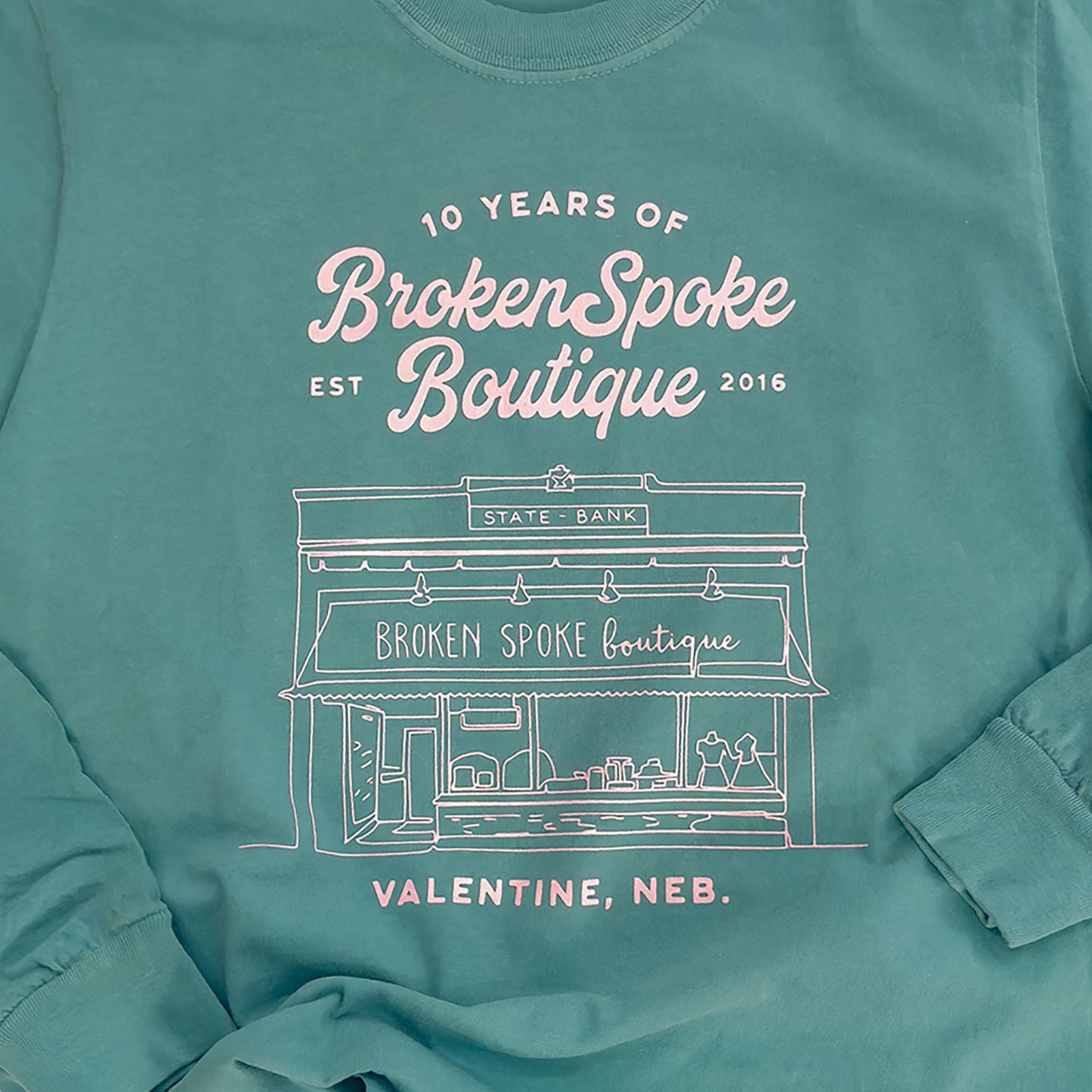 Garment Dyed Seafoam “Broken Spoke Boutique: Ten Years" Anniversary Store Front Heavyweight Graphic Long Sleeve Tee