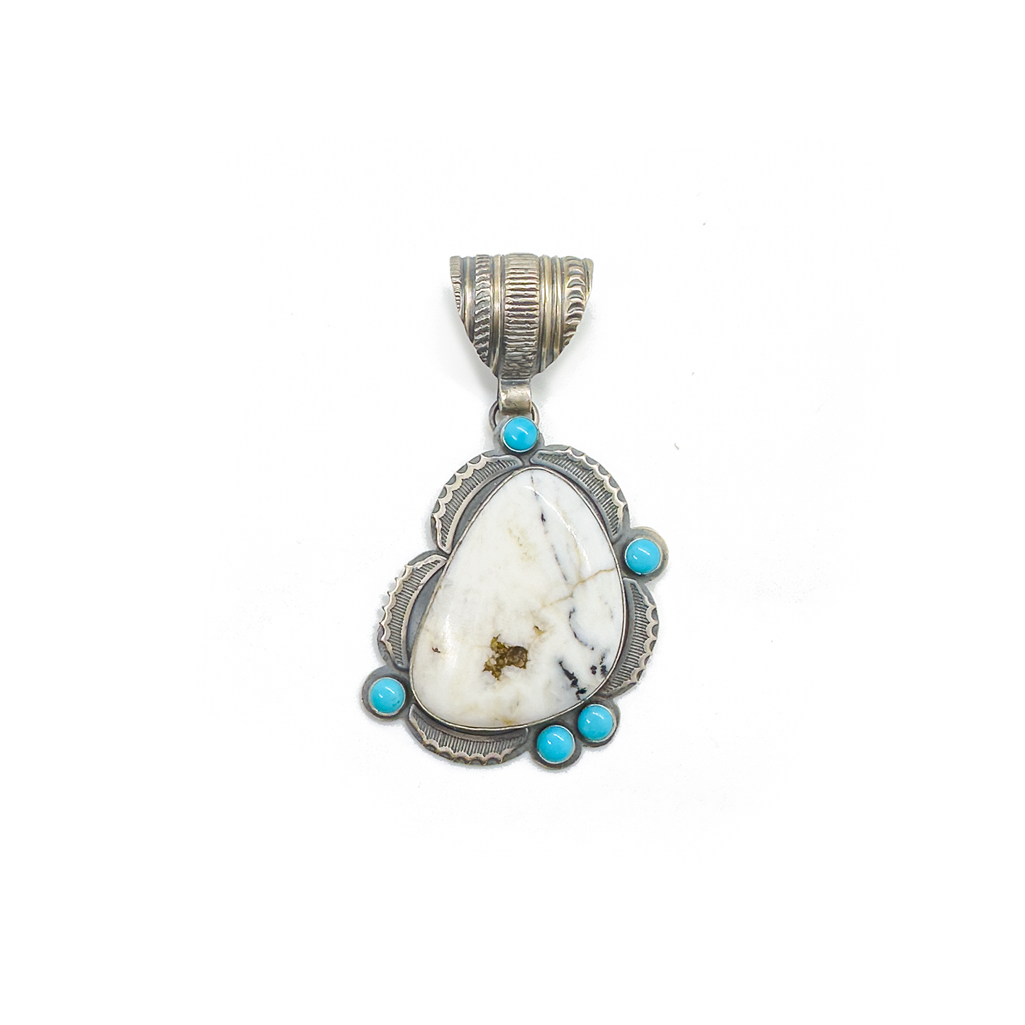 Navajo White Buffalo with Turquoise Inlay Sterling Silver Pendant by GP