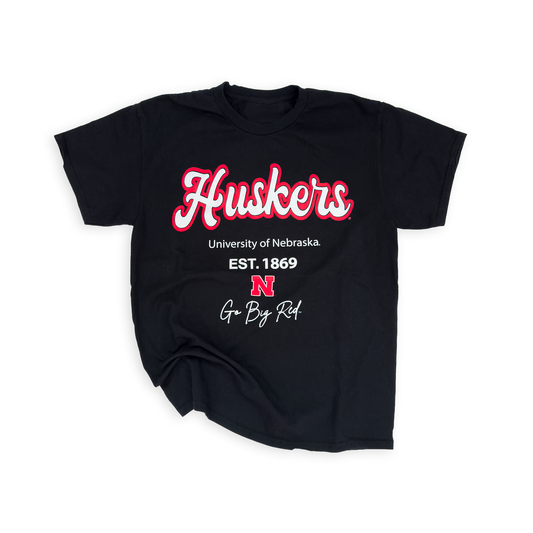 Black “Huskers: University of Nebraska" Letterman Graphic Tee